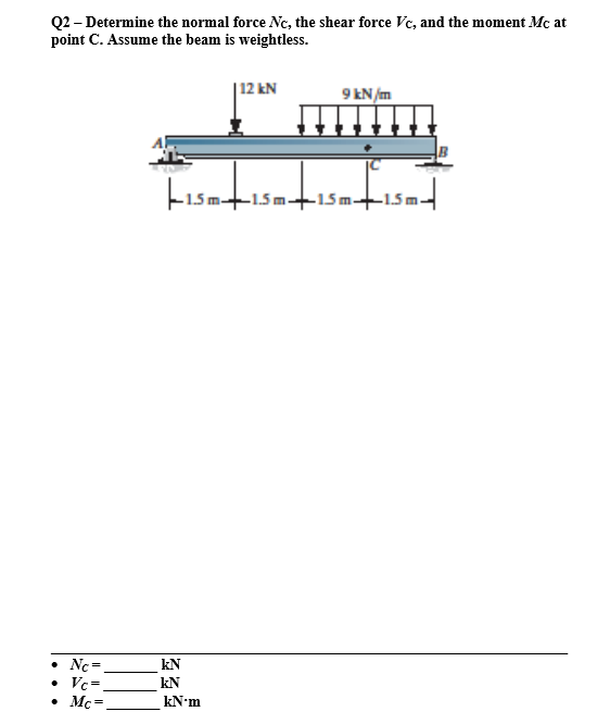 Q2 Determine The Normal Force Nc The Shear Force Vc And The Moment Mc At Point C Assume The Beam Is Weightless 12 1