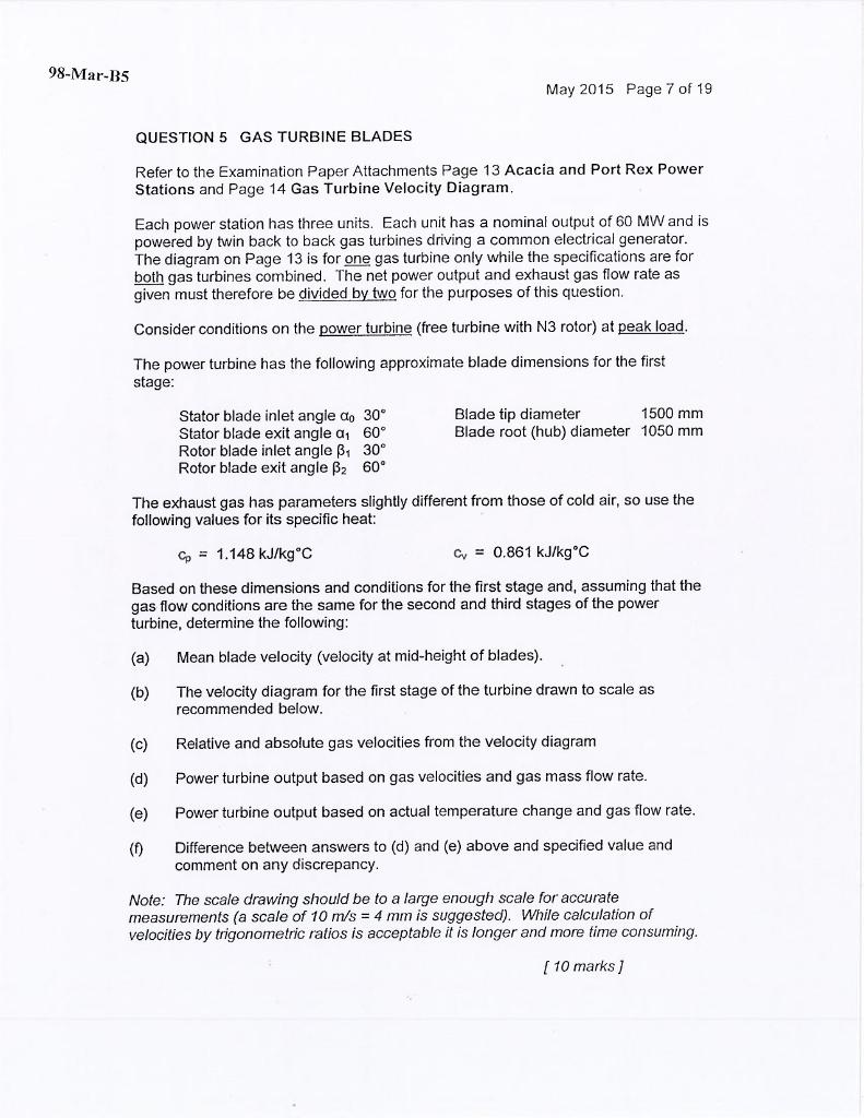 98 Mar B5 May 2015 Page 7 Of 19 Question 5 Gas Turbine Blades Refer To The Examination Paper Attachments Page 13 Acacia 1