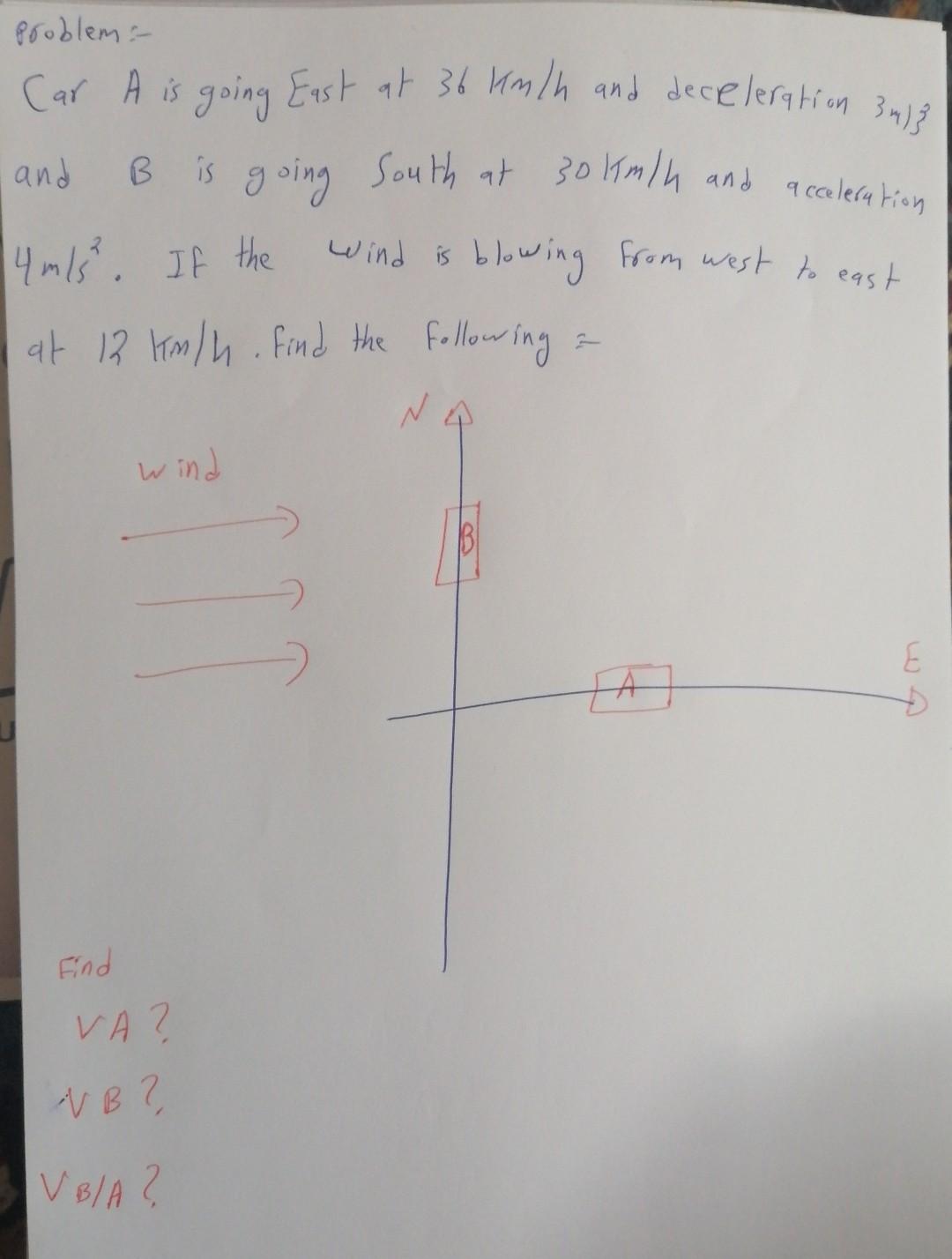 Problema Car A Is Going East At 36 Km H And Deceleration 34 And B Is Going South At 30 Km H And Acceleration 14 M S 1