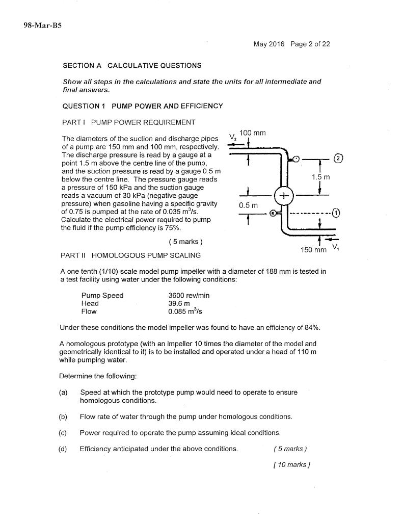 98 Mar B5 May 2016 Page 2 Of 22 Section A Calculative Questions Show All Steps In The Calculations And State The Units F 1