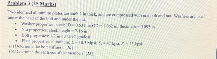Problem 3 25 Marks Two Identical Aluminum Plates Are Each 2 In Thick And Are Compressed With One Bolt And Nut Washer 1