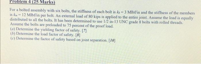 Problem 4 25 Marks For A Bolted Assembly With Six Bolts The Stiffness Of Each Bolt Is Ko 3 Mlbf In And The Stiffnes 1