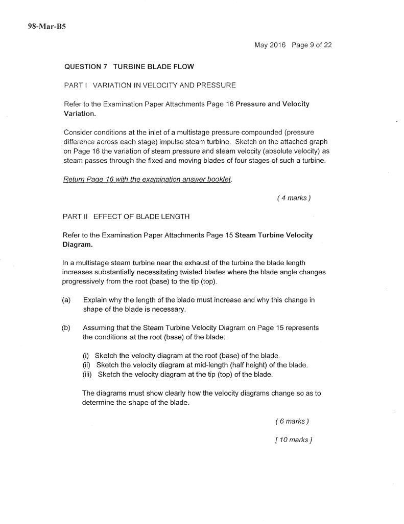 98 Mar B5 May 2016 Page 9 Of 22 Question 7 Turbine Blade Flow Parti Variation In Velocity And Pressure Refer To The Exam 1