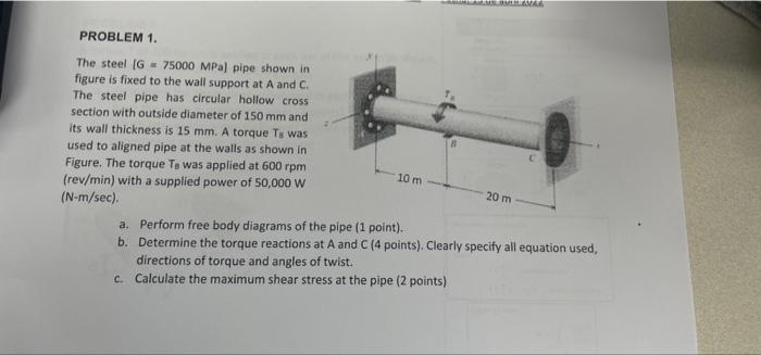 Mlama Problem 1 The Steel G75000 Mpa Pipe Shown In Figure Is Fixed To The Wall Support At A And C The Steel Pipe Ha 1