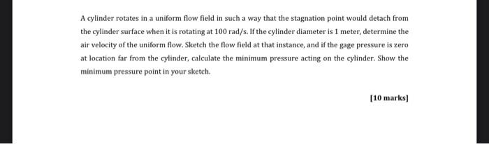 A Cylinder Rotates In A Uniform Flow Field In Such A Way That The Stagnation Point Would Detach From The Cylinder Surfac 1