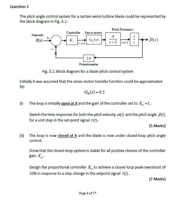 Question 3 The Pitch Angle Control System For A Certain Wind Turbine Blade Could Be Represented By The Block Diagram In 1