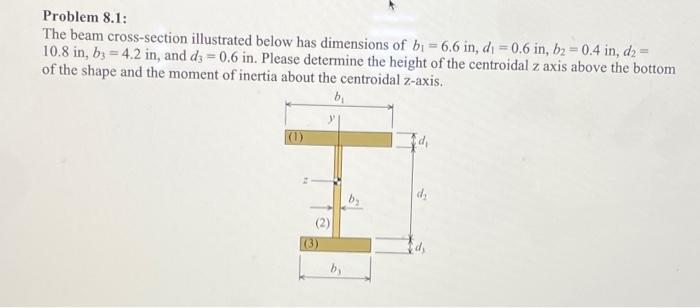 Problem 8 1 The Beam Cross Section Illustrated Below Has Dimensions Of Bj 6 6 In Di 0 6 In B2 0 4 In D2 10 8 1