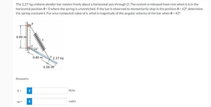 The 2 27 Kg Uniform Slender Bar Rotates Freely About A Horizontal Axis Through O The System Is Released From Rest When 1