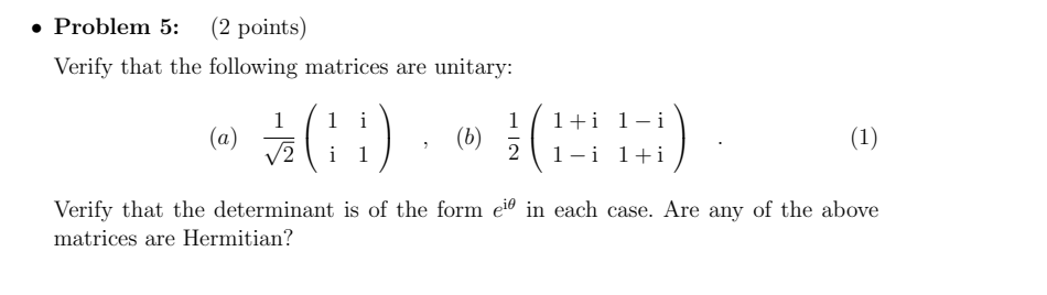 Problem 5 2 Points Verify That The Following Matrices Are Unitary 1 A 1 6 1 I 1 I 1 I 1 I 1 2 Verify That 1