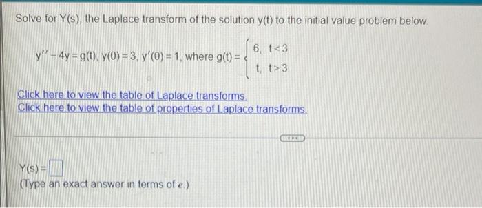 Solve For Y S The Laplace Transform Of The Solution Y T To The Initial Value Problem Below 6 3 Y 4y G T Y O 1