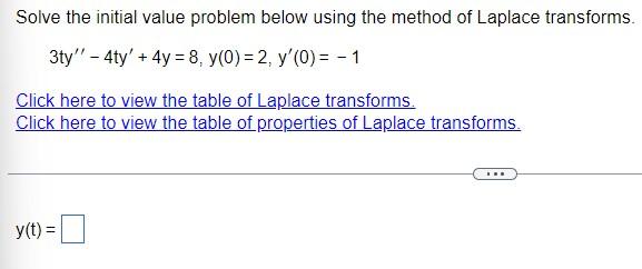 Solve The Initial Value Problem Below Using The Method Of Laplace Transforms 3ty 4ty 4y 8 Y 0 2 Y 0 1 1