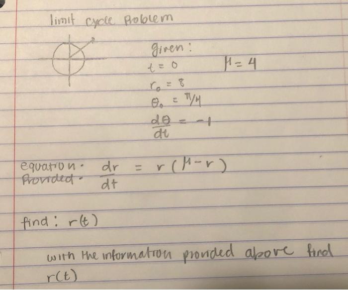 Limit Cycle Problem Given H 4 Oo Dt Equation Provided Dr Dt Rohor Find R T With The Information Provided Above F 2