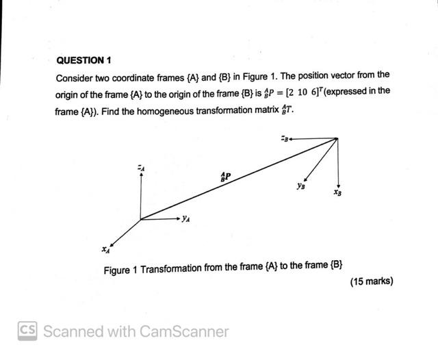 Question 1 Consider Two Coordinate Frames A And B In Figure 1 The Position Vector From The Origin Of The Frame A 1