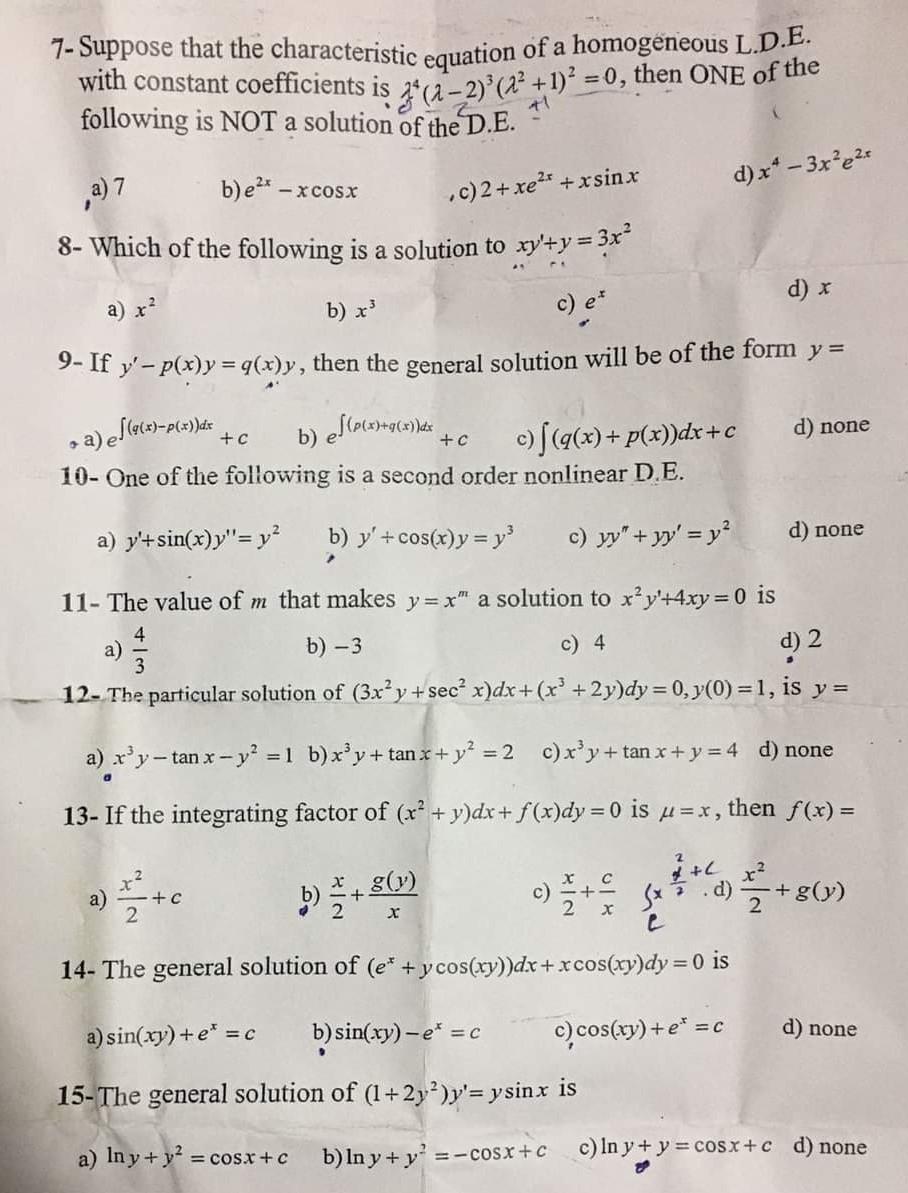 7 Suppose That The Characteristic Equation Of A Homogeneous L D E Following Is Not A Solution Of The D E With Cons 1