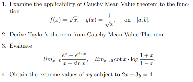1 Examine The Applicability Of Cauchy Mean Value Theorem To The Func Tion 1 F X Vt G X To On A B 2 Derive Ta 1