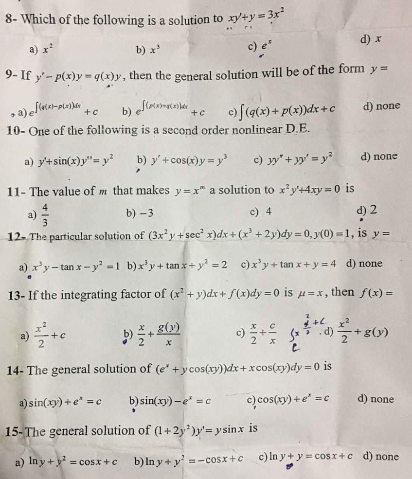 8 Which Of The Following Is A Solution To Xy Y 3x C E Y 3d A X B X D X 9 If Y P X Y 9 X Y Then The Genera 1
