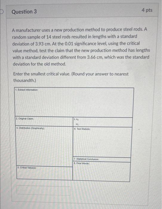 P Question 3 4 Pts A A Manufacturer Uses A New Production Method To Produce Steel Rods A Random Sample Of 14 Steel Rods 1