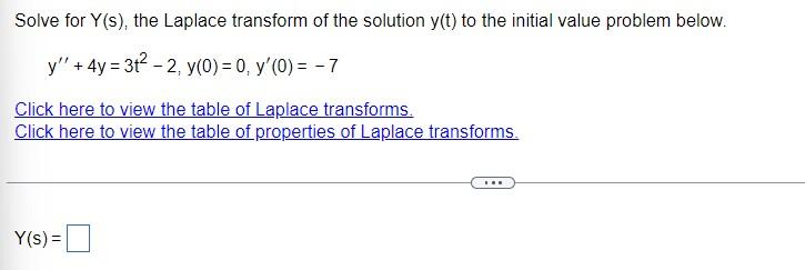 Solve For Y S The Laplace Transform Of The Solution Y T To The Initial Value Problem Below Y 4y 312 2 Y 0 1