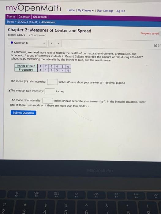 Myopenmath Home My Classes User Settings Log Out Course Calendar Gradebook Home Sta2023 3941 Assessment Chapter 2 1