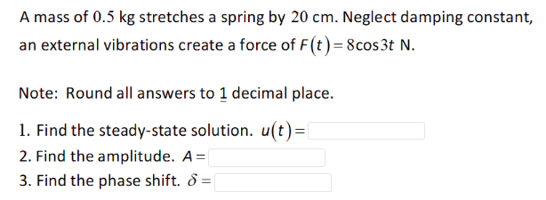 A Mass Of 0 5 Kg Stretches A Spring By 20 Cm Neglect Damping Constant An External Vibrations Create A Force Of F T 8c 1