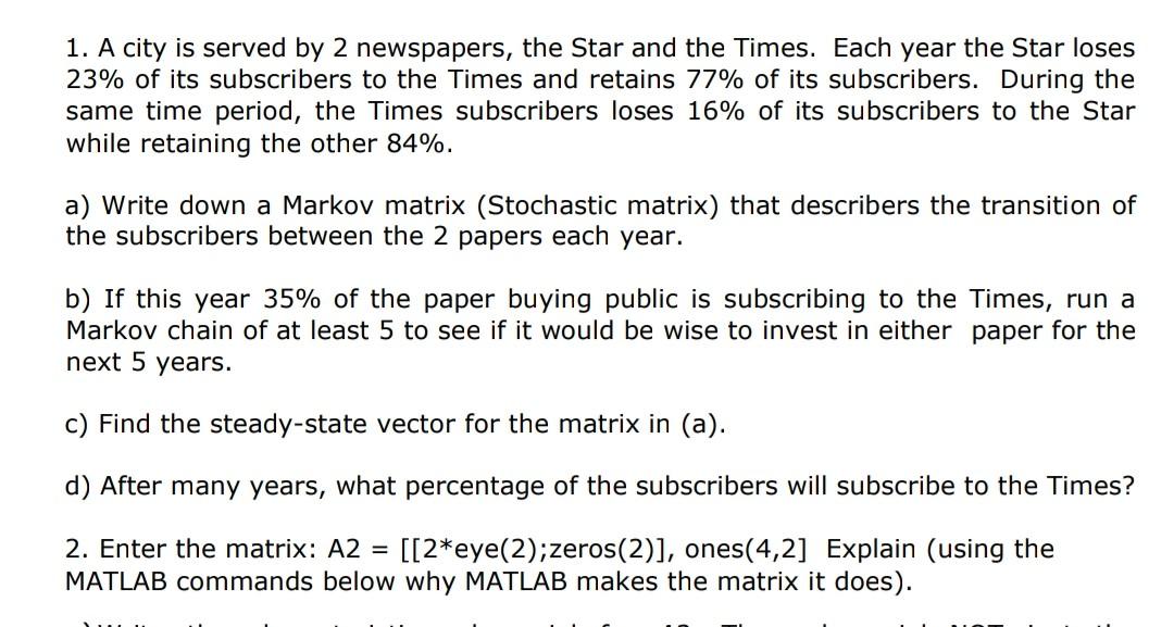 Related Linear Algebra Please Solve This On Matlab I Need Matlab Code I Will And Friends Will Upvote For Sure 1