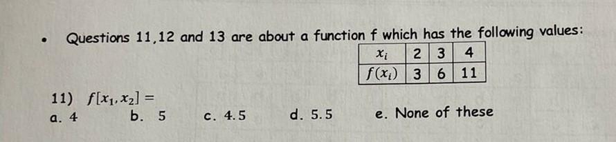 Questions 11 12 And 13 Are About A Function F Which Has The Following Values Xi 23 4 F X 3 6 11 11 F X1 X2 B 5 1