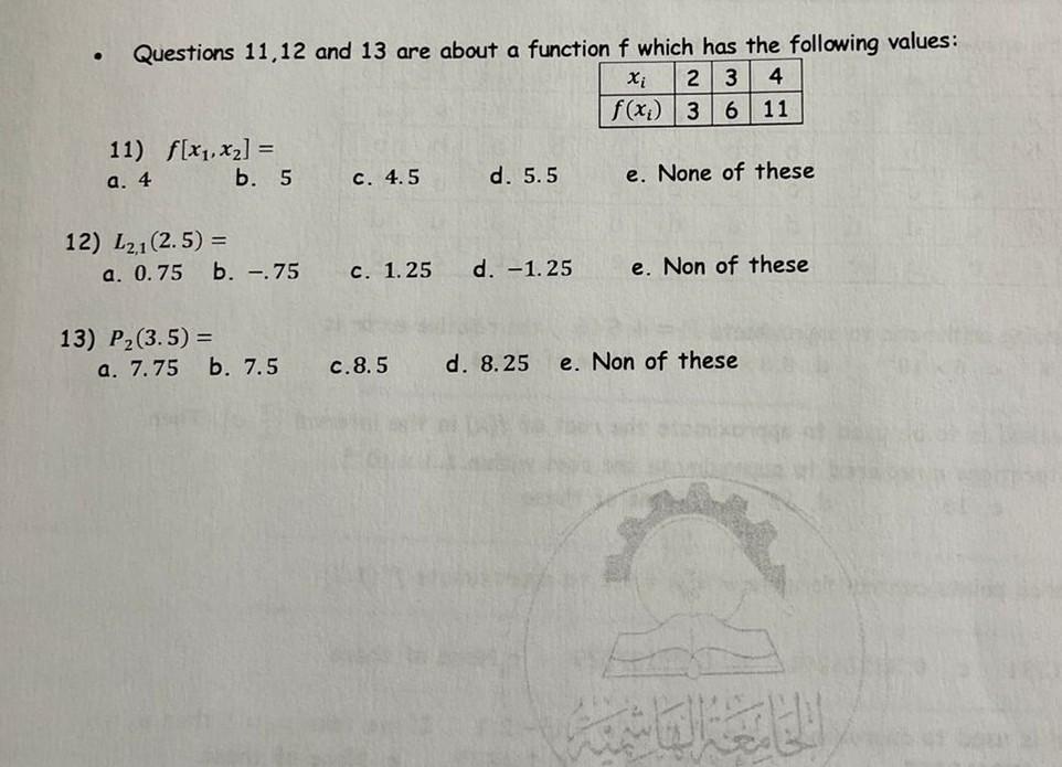 Questions 11 12 And 13 Are About A Function F Which Has The Following Values Xi 23 4 F X 36 11 11 F X1 X2 A 4 B 1