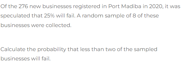Of The 276 New Businesses Registered In Port Madiba In 2020 It Was Speculated That 25 Will Fail A Random Sample Of 8 1