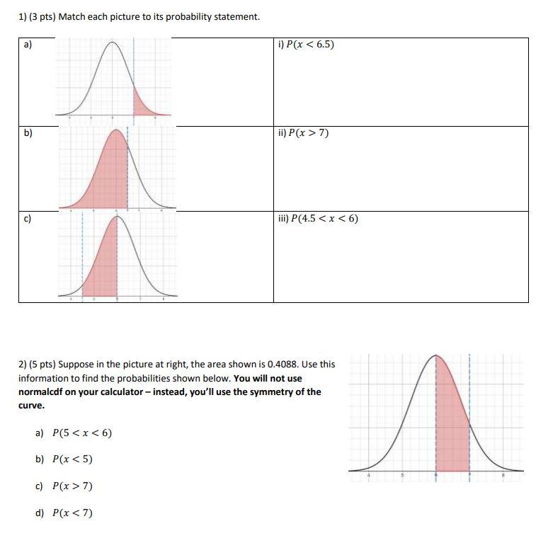 1 3 Pts Match Each Picture To Its Probability Statement A I P X 6 5 A B Ii P X 7 C Iii P 4 5 X 6 1 2 1