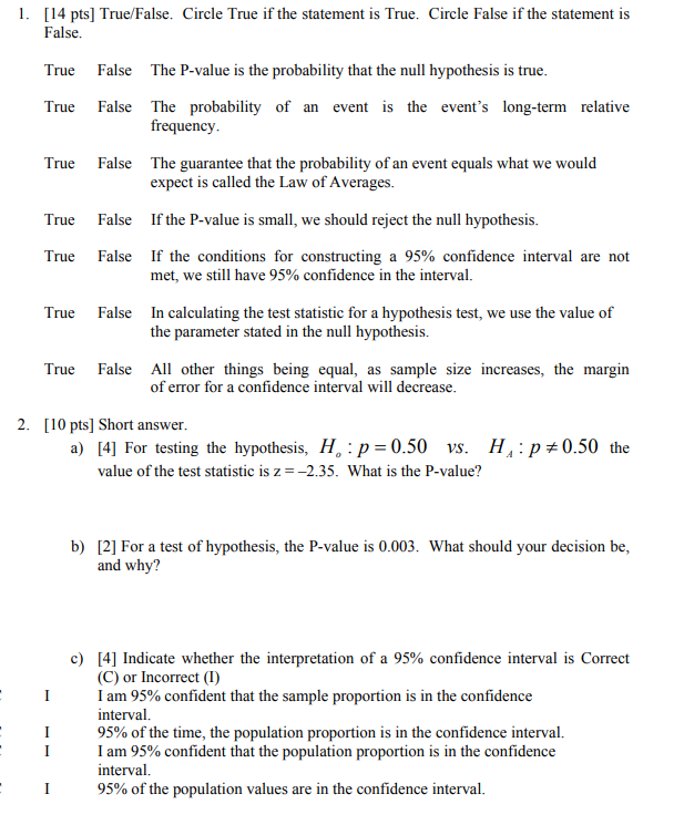 1 14 Pts True False Circle True If The Statement Is True Circle False If The Statement Is False True False The P V 1