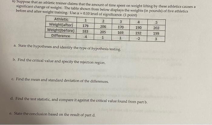 6 Suppose That An Athletic Trainer Claims That The Amount Of Time Spent On Weight Lifting By These Athletics Causes A S 1