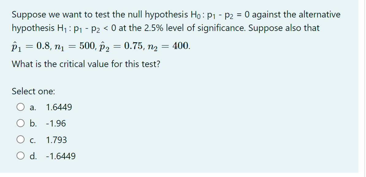 Suppose We Want To Test The Null Hypothesis Ho P1 P2 0 Against The Alternative Hypothesis H1 21 22 0 At T 1