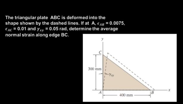 The Triangular Plate Abc Is Deformed Into The Shape Shown By The Dashed Lines If At A Ab 0 0075 Ac 0 01 And Yxy 1