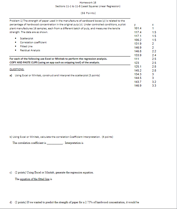 Homework 16 Sections 11 1 To 11 3 Least Squares Linear Regression 56 Points X Problem 1 The Strength Of Paper Used 1