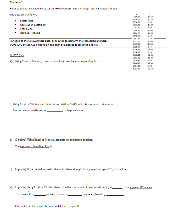 Problem 2 Refer To The Data In Exercise 11 13 On Y Rocket Motor Shear Strength And X Propellant Age The Data Are As S 1