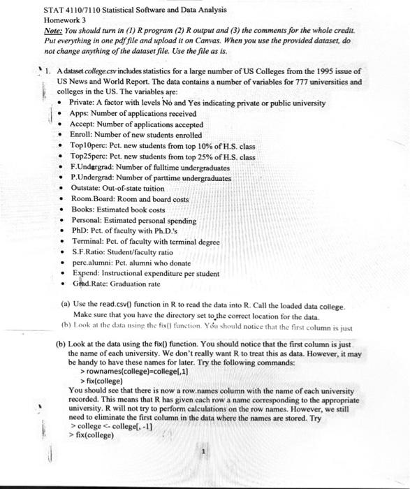 Stat 4110 7110 Statistical Software And Data Analysis Homework 3 Note You Should Turn In 1 R Program 2 Routput And 1