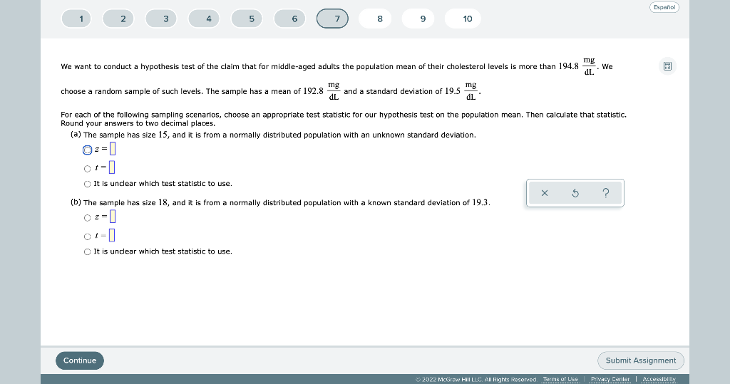 Espanol 1 2 3 4 5 6 7 8 9 10 We Want To Conduct A Hypothesis Test Of The Claim That For Middle Aged Adults The Populatio 1