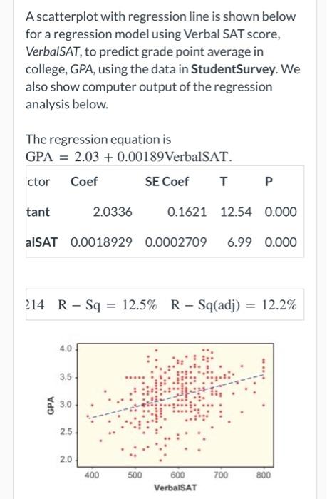 A Scatterplot With Regression Line Is Shown Below For A Regression Model Using Verbal Sat Score Verbalsat To Predict G 1