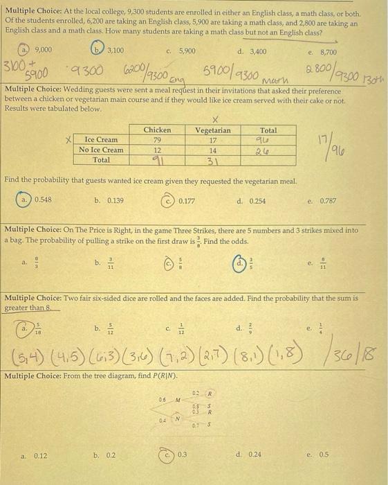 Multiple Choice At The Local College 9 300 Students Are Enrolled In Either An English Class A Math Class Or Both Of 1