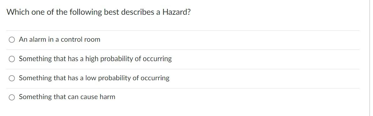 Which One Of The Following Best Describes A Hazard O An Alarm In A Control Room O Something That Has A High Probability 1