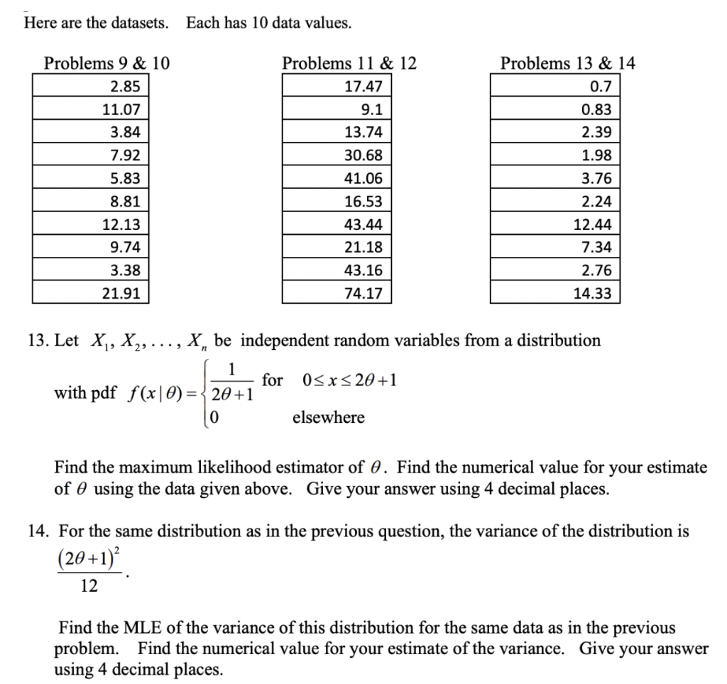 Here Are The Datasets Each Has 10 Data Values Problems 13 14 0 7 Problems 9 10 2 85 11 07 3 84 7 92 5 83 8 81 12 1 1