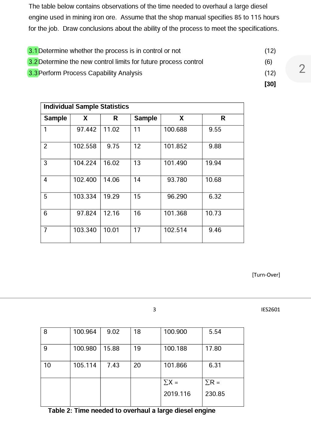 The Table Below Contains Observations Of The Time Needed To Overhaul A Large Diesel Engine Used In Mining Iron Ore Assu 1