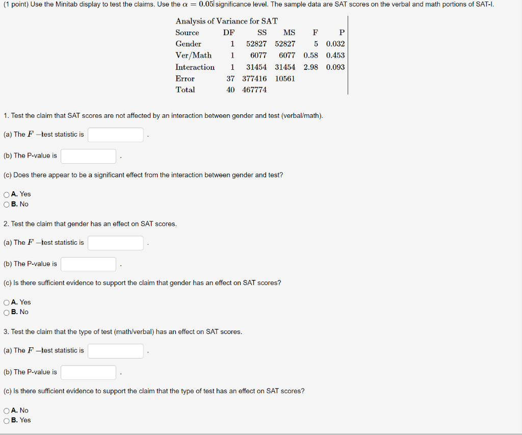 1 Point Use The Minitab Display To Test The Claims Use The A 0 05 Significance Level The Sample Data Are Sat Score 1
