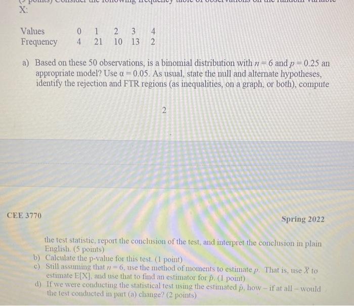 Values Frequency 0 1 2 3 4 4 21 10 13 2 A Based On These 50 Observations Is A Binomial Distribution With N 6 And P 0 1