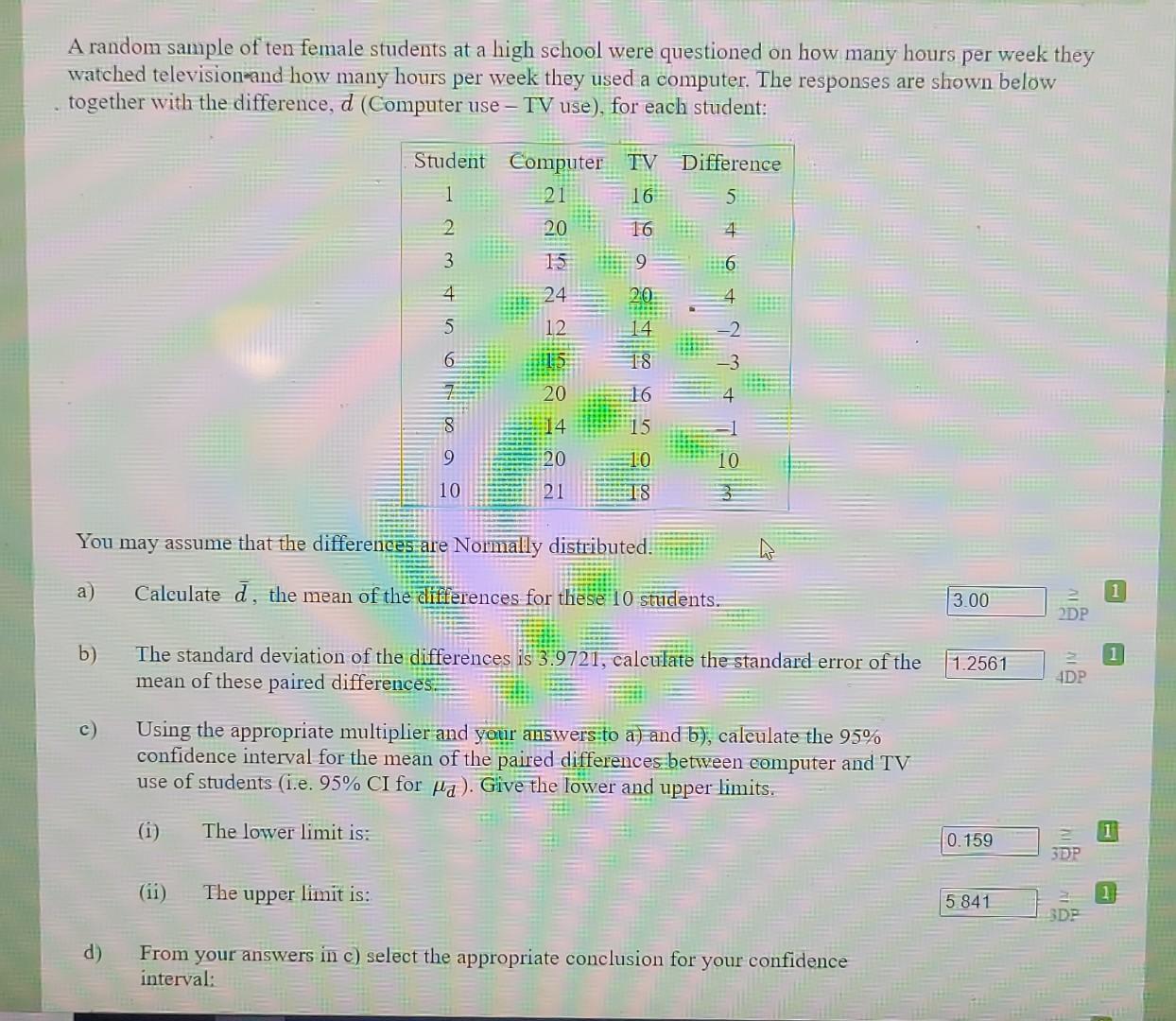 A Random Sample Of Ten Female Students At A High School Were Questioned On How Many Hours Per Week They Watched Televisi 1