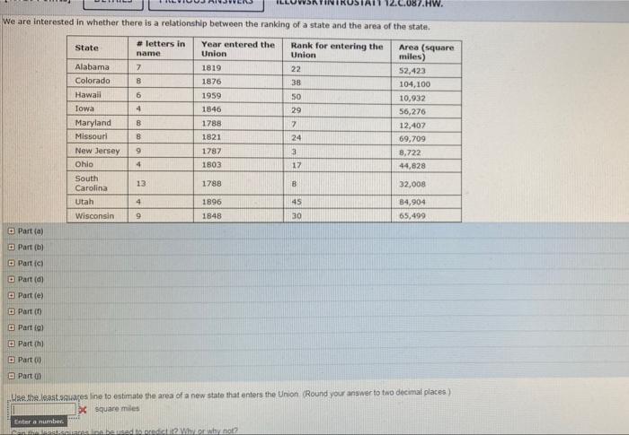 087 Hw We Are Interested In Whether There Is A Relationship Between The Ranking Of A State And The Area Of The State 1