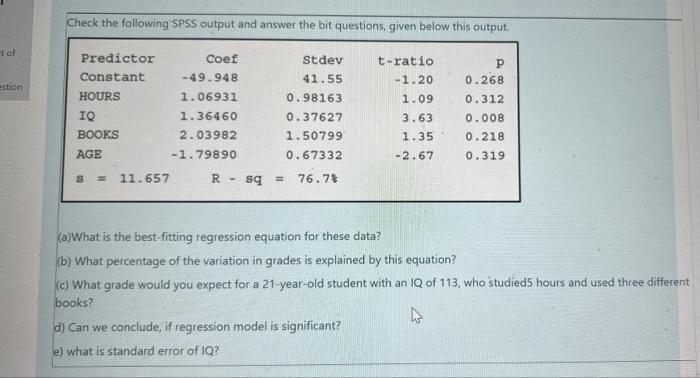 Check The Following Spss Output And Answer The Bit Questions Given Below This Output Tol T Ratio 1 20 Estion Predictor 1