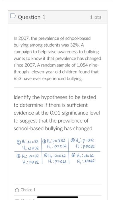 Question 1 1 Pts In 2007 The Prevalence Of School Based Bullying Among Students Was 32 A Campaign To Help Raise Aware 1