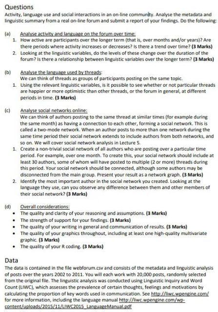 C Questions Activity Language Use And Social Interactions In An On Line Community Analyse The Metadata And Linguisti 1