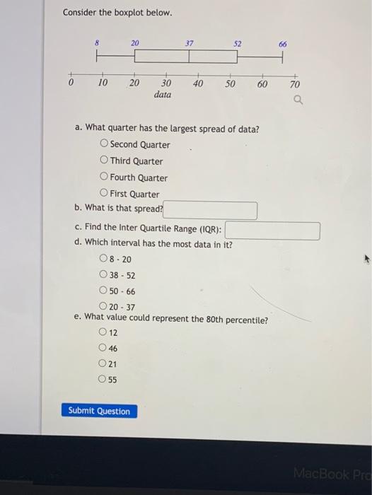 Consider The Boxplot Below 20 37 52 66 8 F 10 20 40 50 60 30 Data 70 A A What Quarter Has The Largest Spread Of Data 1